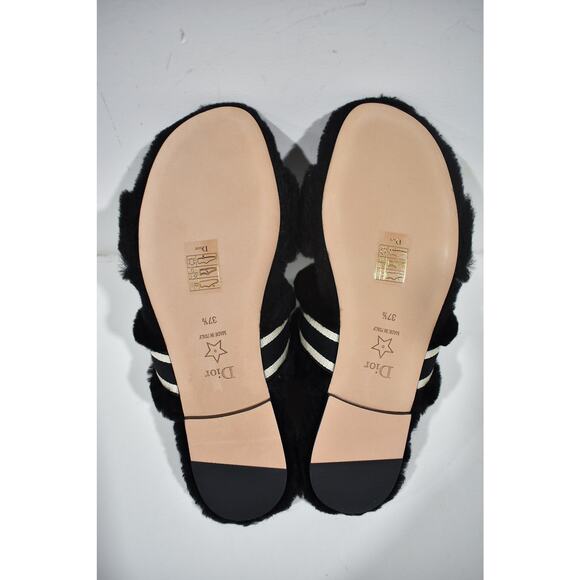 Christian Dior Chez Moi Black Shearling Fur White Logo Slide Flat Sandal 37.5 - Picture 8 of 8